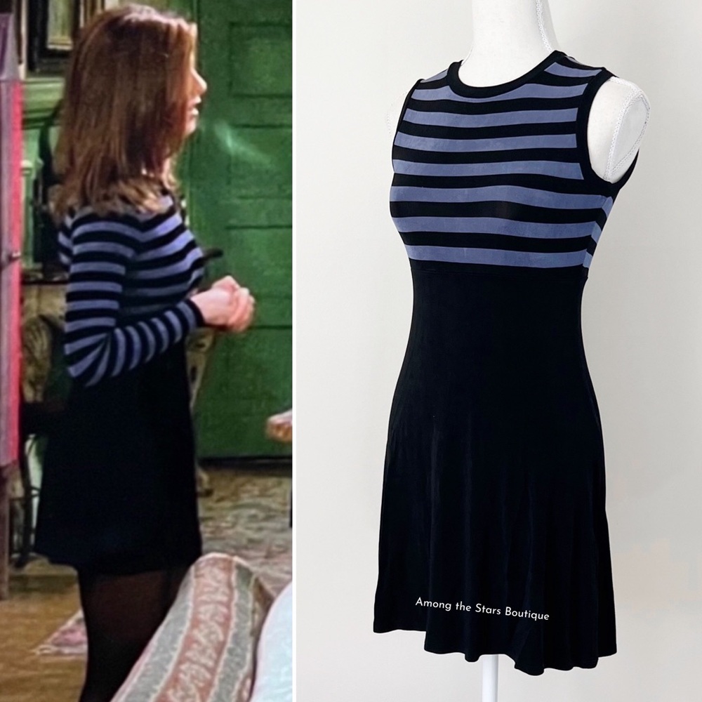 FLAWED GEM Rare Vintage 90s Jersey Knit Striped Dress Alt. ASO Rachel in Friends - Picture 5 of 14